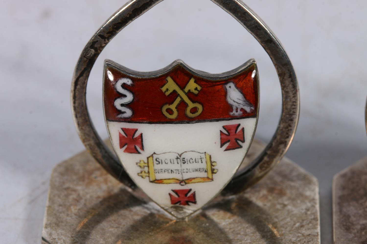 Two George V silver and enamel menu holders, one bearing the crest of Radley College by John William - Image 3 of 4