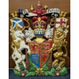 Cast and painted metal plaque in the form of the Royal Scottish coat of arms, bears the mottos 'In