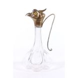 Novelty silver mounted glass ewer or oil jug, the silver lid in the form of a bird's head, makers