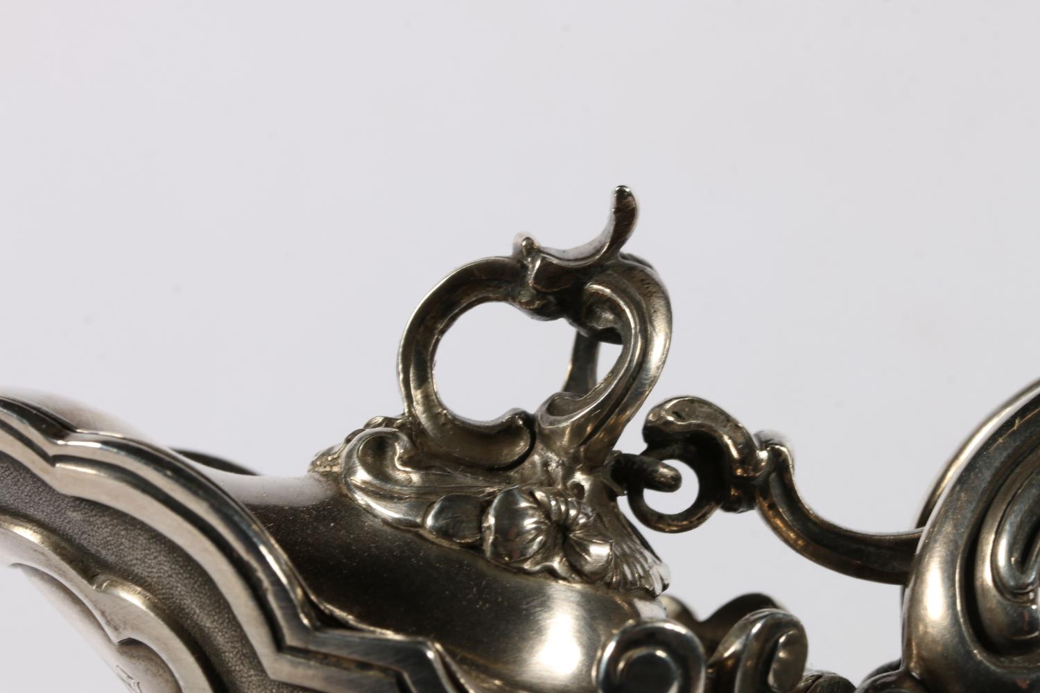 Victorian silver mounted cut and etched glass claret jug, the silver mounts modelled with fruits and - Image 8 of 9