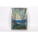 Metropolitan Museum of Art Tiffany style painted leaded glass panel depicting a view through trees