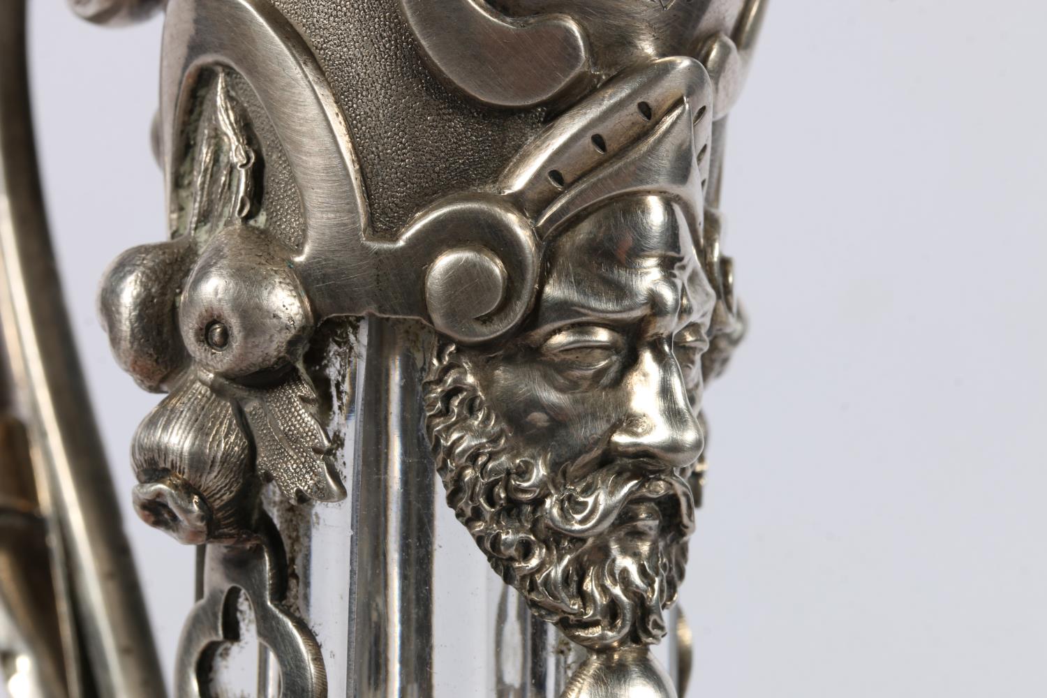 Victorian silver mounted cut and etched glass claret jug, the silver mounts modelled with fruits and - Image 3 of 9