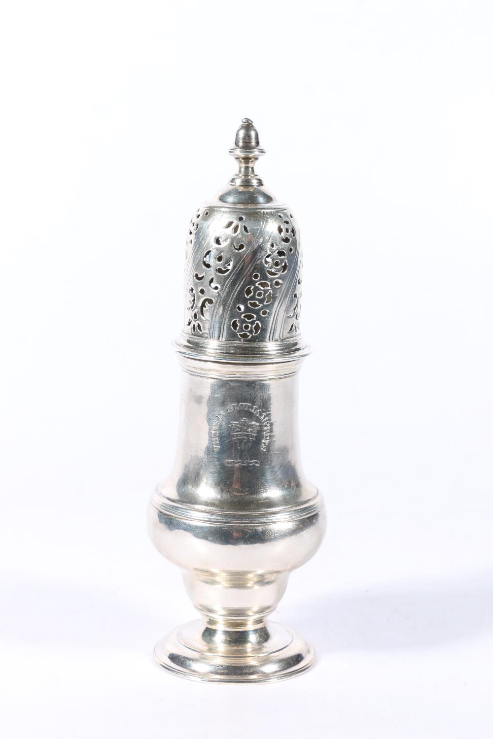 Georgian silver sugar caster with Clan Robertson crest 'Virtutis Gloria Merces' by Alexander