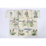 Group of ten Chinese porcelain tiles, four depicting warriors, the remaining six of landscapes,