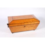 Victorian burr satinwood tea caddy of sarcophagus shape with ring handles, the cushion top opening