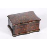 Late 19th century French boulle work jewellery box, the hinged top with brass scroll decoration on