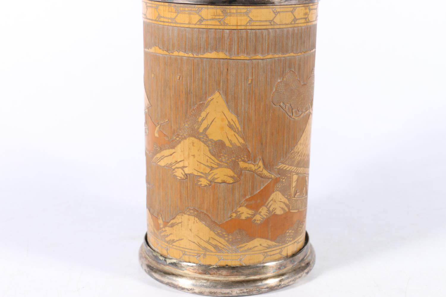 Chinese carved bamboo and white metal prize tankard, the bamboo body depicting a Chinese landscape - Image 2 of 6
