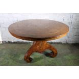 Victorian marquetry inlaid walnut breakfast table, the circular top with snap mechanism, decorated