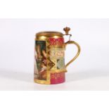 Royal Vienna gilt metal mounted porcelain tankard 'Paris and Helena', blue beehive mark to the base,