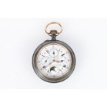 White metal cased open-face keyless pocket watch, the white enamelled dial with four subsidiary