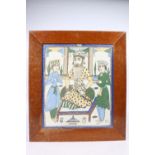 Large Iznik Persian painted pottery tile depicting a king? with Mameluke sword sat with two