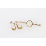 9ct gold brooch set with central cabochon opal and a pair of matching earrings, 4.3g
