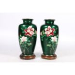 Pair of Japanese ginbari cloisonne enamel vases decorated with rose design on a deep green ground,