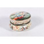 Continental enamelled white metal patch box, the body decorated with allegorical scenes including