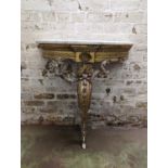Antique gilt gesso demi lune console table with white marble breakfront top raised on central