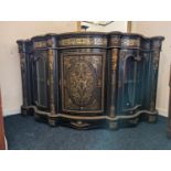 Late 19th century ebonised and amboyna French boulle work credenza, the serpentine cabinet decorated