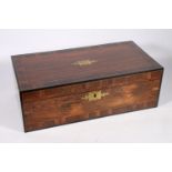19th century cross banded rosewood writing slope with ebony edge and brass inlay, fitted interior,