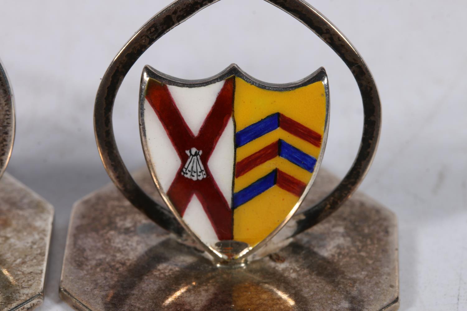 Two George V silver and enamel menu holders, one bearing the crest of Radley College by John William - Image 2 of 4