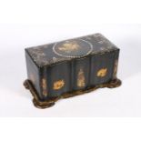 Victorian papier-mâché tea caddy, the hinged top decorated with floral, mother-of-pearl and