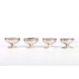 Set of four heavy gauge cast silver tables salts with Greek key borders, no hallmarks, 647g