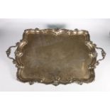 George V silver twin-handled tray with piecrust Rococo scroll and acanthus border, having
