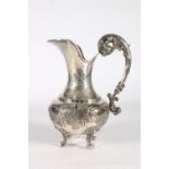 Spanish 915 grade silver ewer jug with relief cattail and bird decoration and elaborate scroll