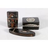 Antique silver inlaid tortoiseshell etui case, a similar snuff box with mirrored lid and a jewellery