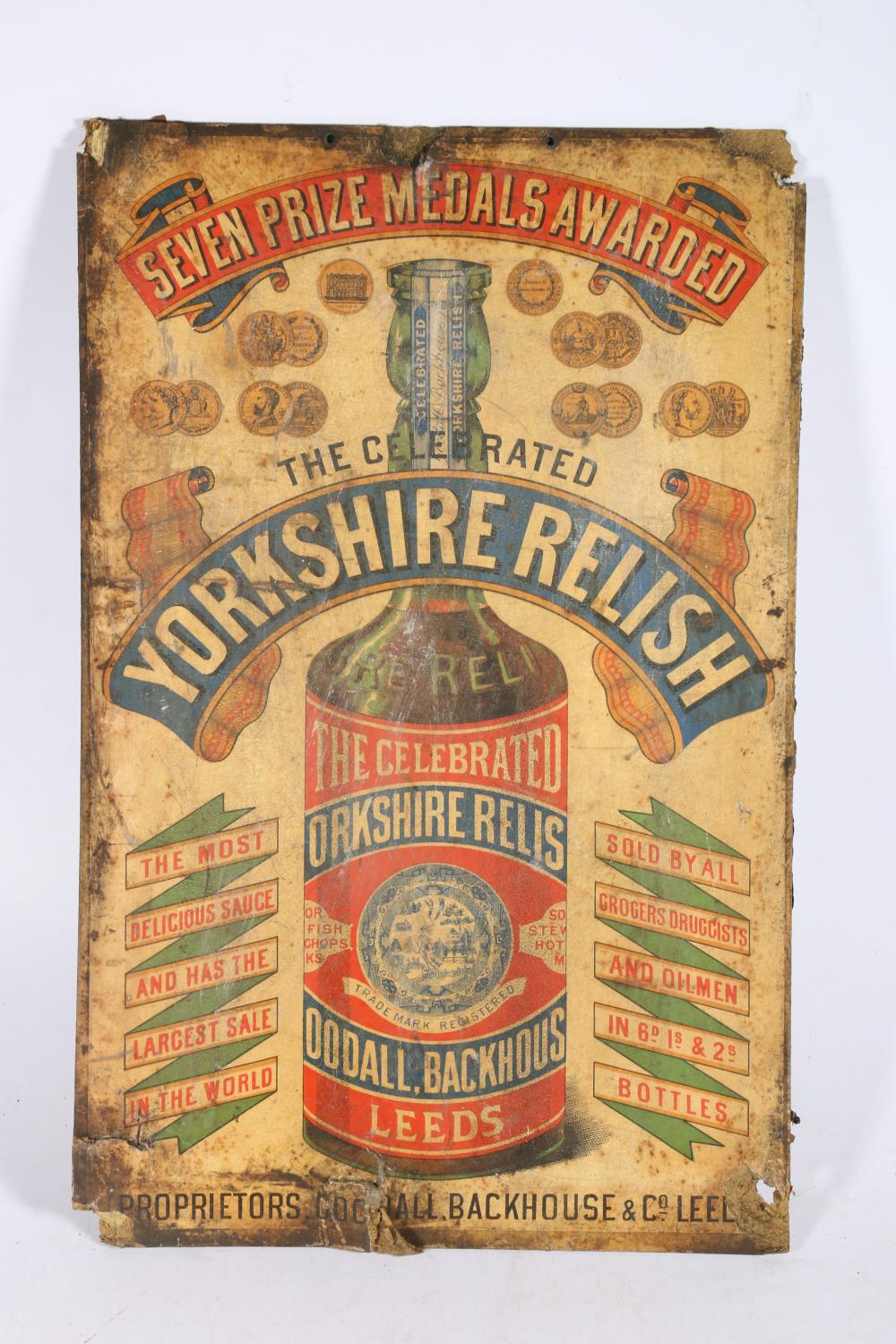 Vintage advertisement sign for 'The Celebrated Yorkshire Relish', 48cm x 31cm.