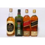 Four 1970s bottles of blended Scotch whisky to include JOHNNIE WALKER Black Label 70° 26 2/3 fluid