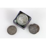 Spanish silver eight real piece, GERMAN STATES PRUSSIA 3 mark 1913 KM534, and a Pewter medal