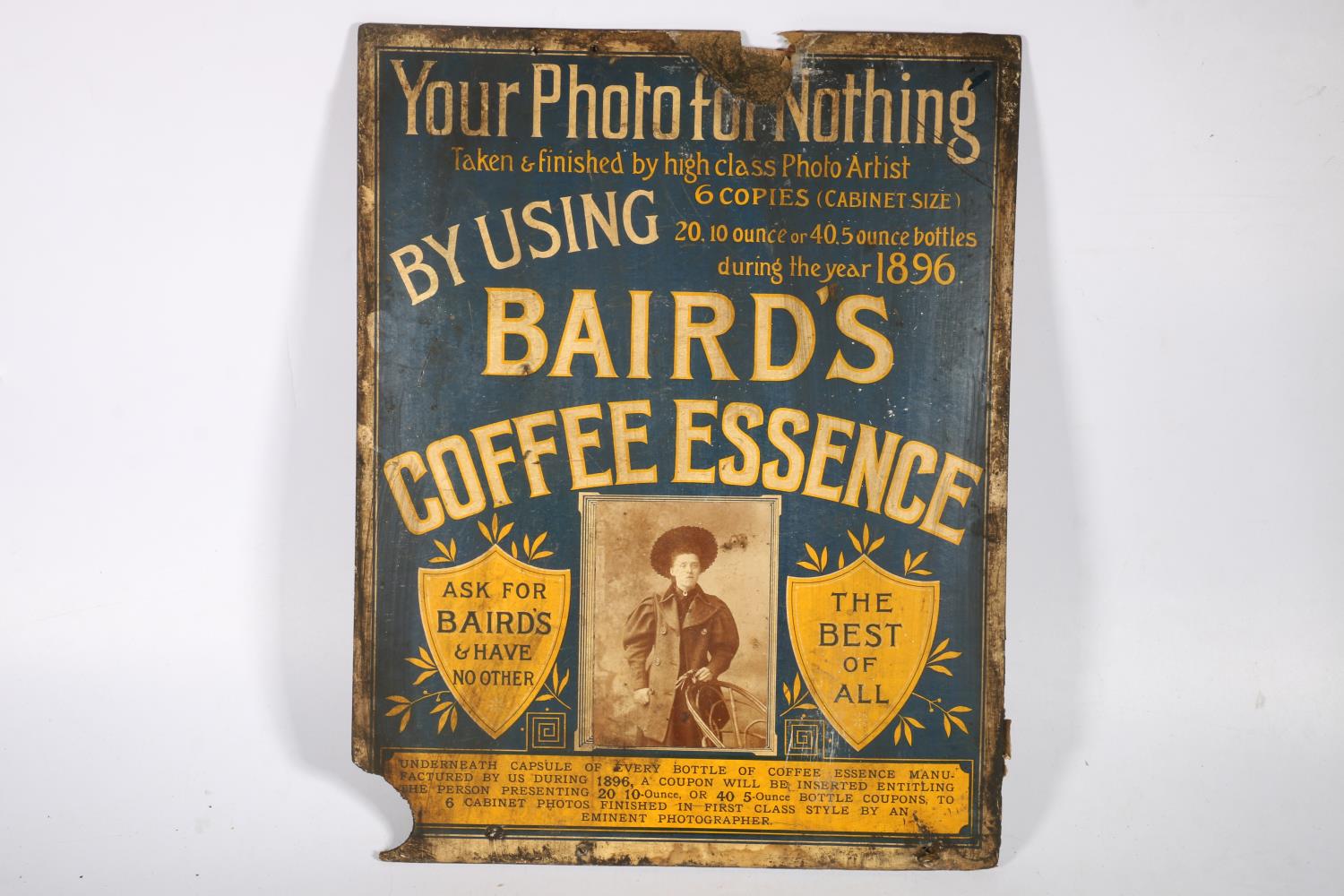 Vintage advertisement sign for 'Baird's Coffee Essence', 47cm x 37cm.