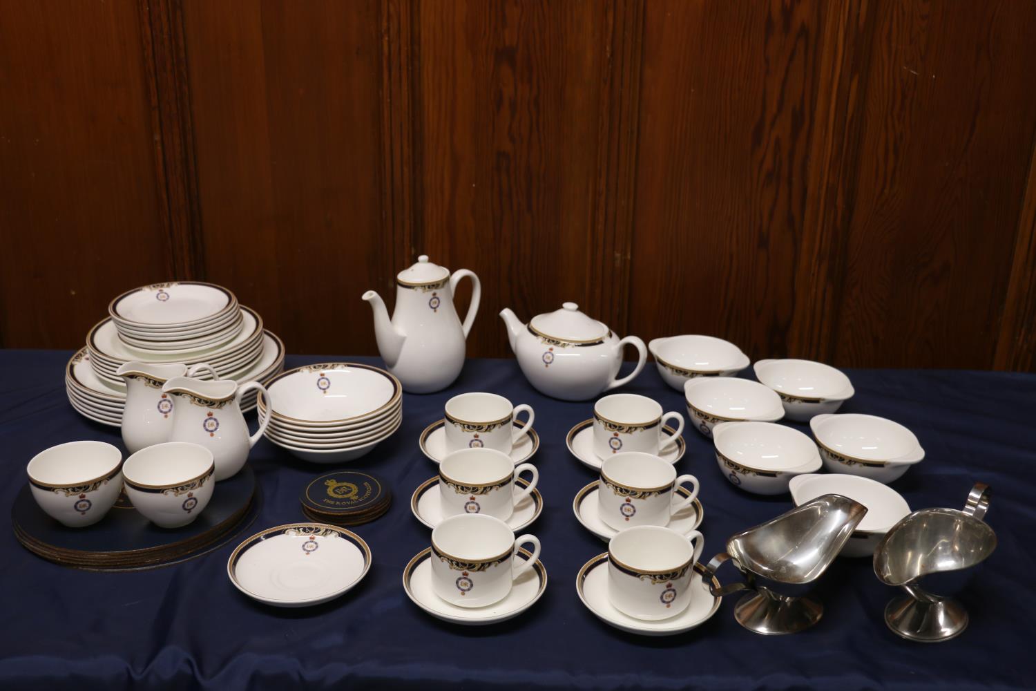 Sixty-piece Wedgwood five-star bone china dinner and tea service from the Royal Scots Club, each