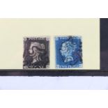 GB QV Queen Victorian 1d penny black DE with black MC cancel and a QV 2d blue GG 1840 with black