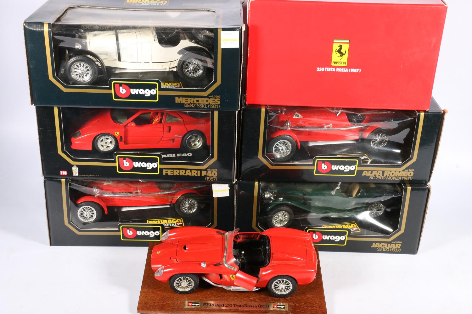 Six Burago 1:18 scale diecast vehicle models to include 3507 Ferrari 250 Testa Rossa 1957, 2x 3014