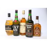 Five 1970s bottles of blended Scotch whisky to include VAT 69 by Sanderson and Son Ltd of