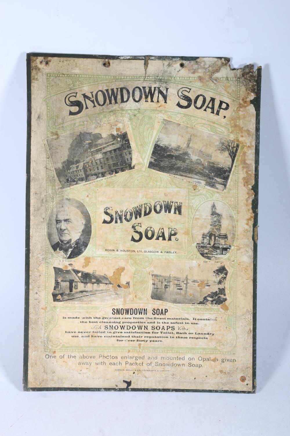 Vintage advertisement sign for 'Snowdown Soap', Robin and Houston Ltd of Glasgow & Paisley, 44cm x