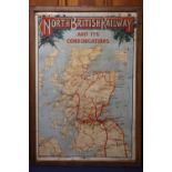 North British Railway and its Communications tinplate metal map sign by Bartholemew 100cm x 67cm