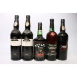 Five bottles of vintage port to include TAYLOR'S 4XX LBV (Late Bottled Vinate) 1969, bottled 1974,