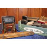 Antique mahogany and brass bellows plate camera with 'By Royal Letters Patent' roundel, and