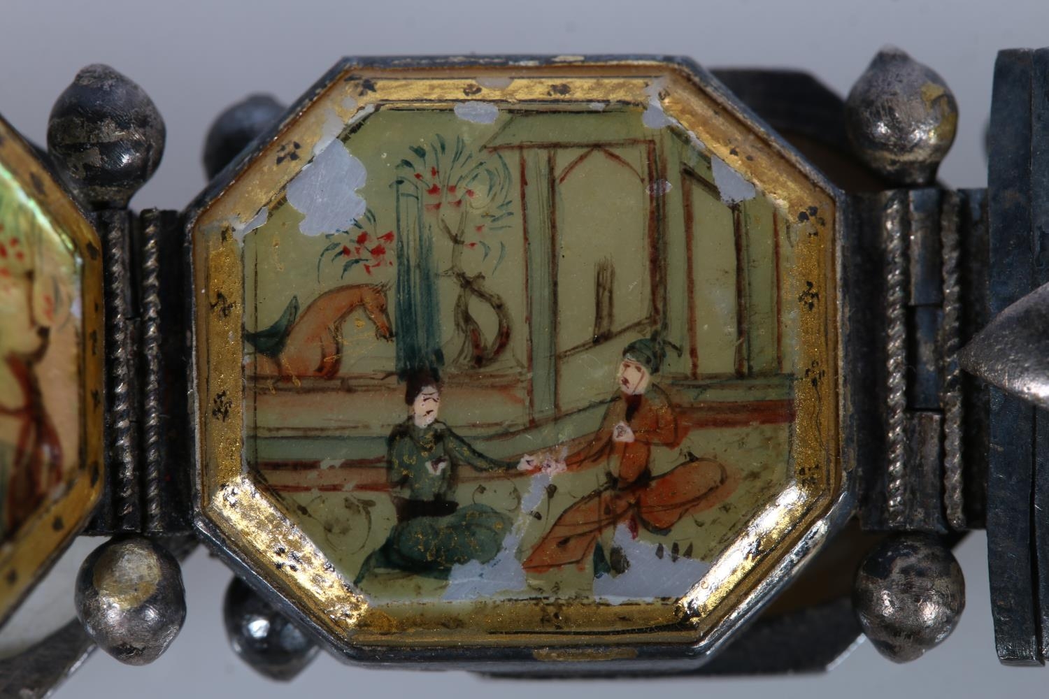 Two Persian bracelets with mother-of-pearl links depicting birds, temple and floral mosaic scenes on - Image 10 of 12