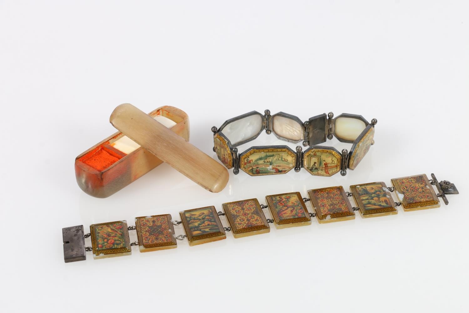 Two Persian bracelets with mother-of-pearl links depicting birds, temple and floral mosaic scenes on