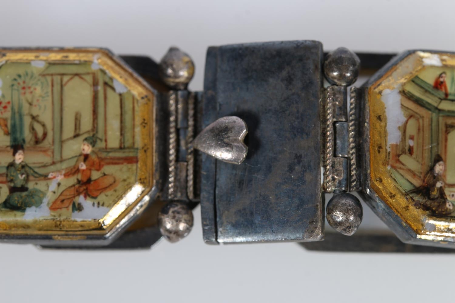 Two Persian bracelets with mother-of-pearl links depicting birds, temple and floral mosaic scenes on - Image 8 of 12