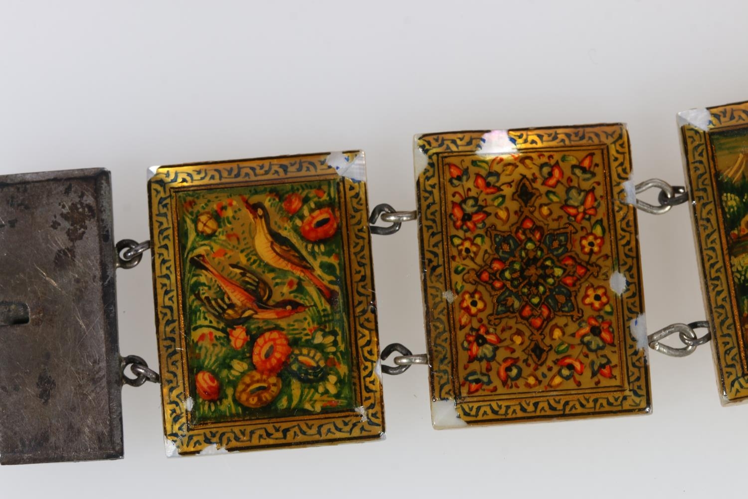 Two Persian bracelets with mother-of-pearl links depicting birds, temple and floral mosaic scenes on - Image 2 of 12