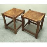 Robert "Mouseman" Thompson, pair of oak stools, each with rectangular hide top on faceted turned