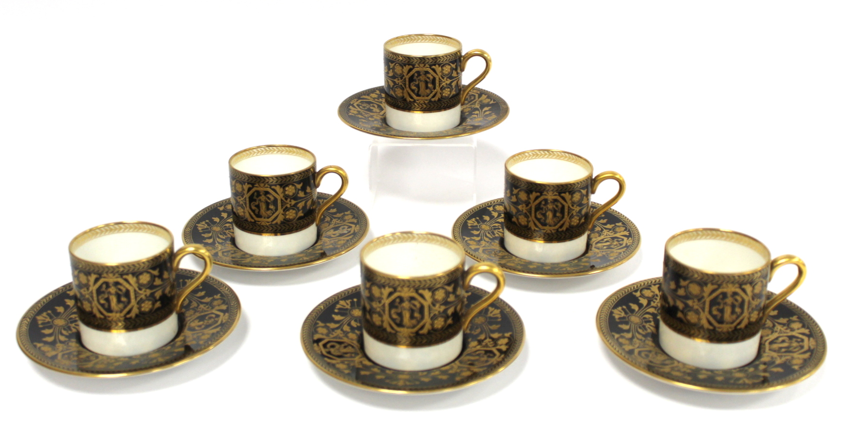 Set of six Wedgwood bone china "Astbury" pattern coffee cups and saucers with black and gilt