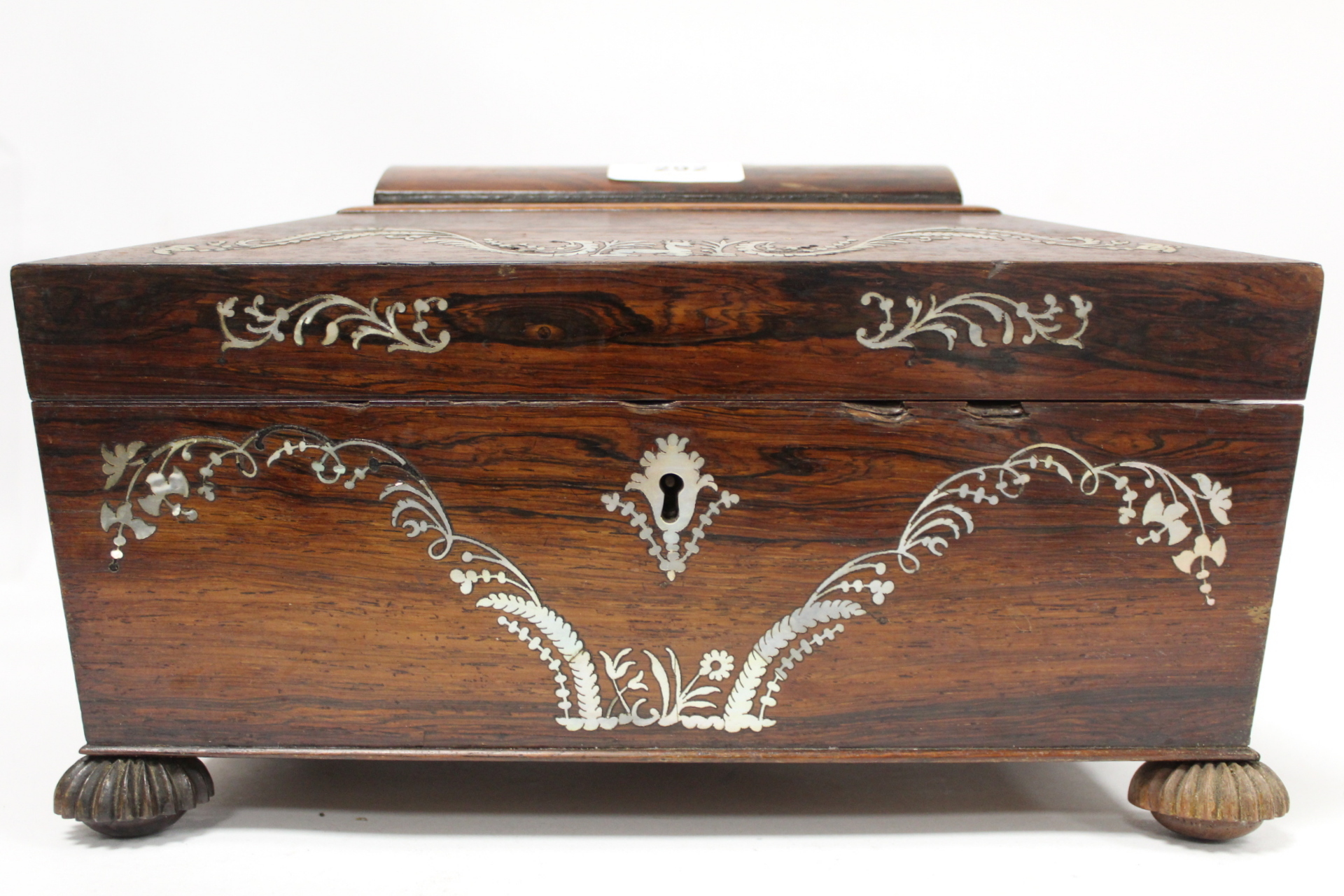 Early 19th century Regency rosewood workbox of twin handled sarcophagus form on four reeded bun - Image 7 of 13