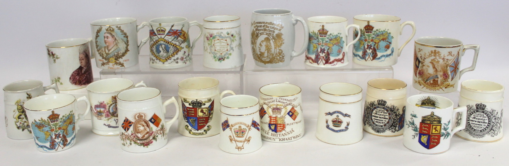 Collection of eighteen commemorative mugs for the Jubilees of Queen Victoria 1887 and 1897; also