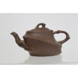 Chinese Yixing pottery teapot of ovoid form, the main body moulded as bamboo cane with similar spout