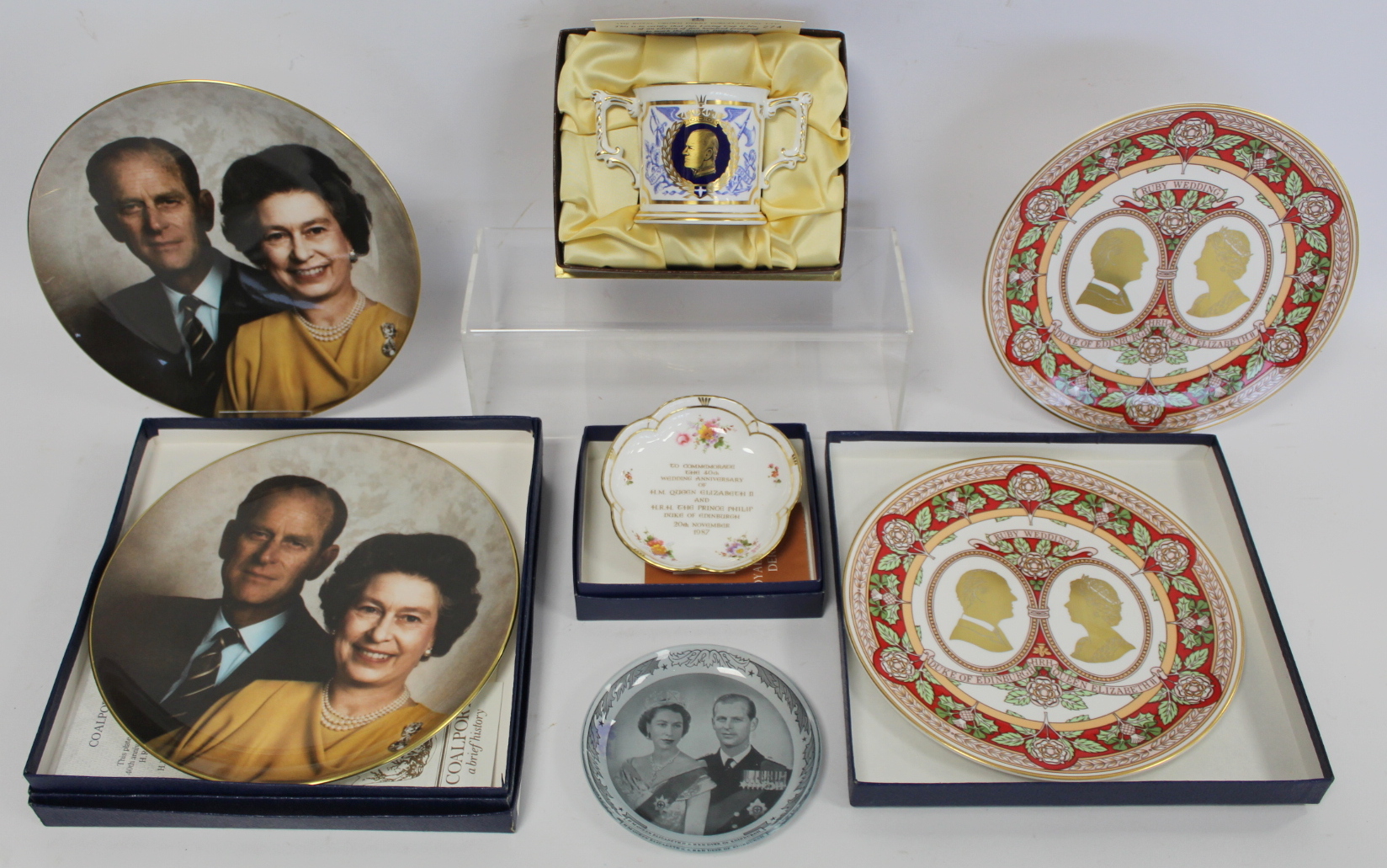 Pair of Coalport commemorative plates for the Royal Ruby Wedding 1987; another pair by Caverswall;