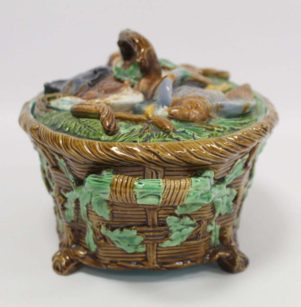 Victorian Minton majolica game pie tureen of twin handled oval form, the relief moulded naturalistic - Image 5 of 22